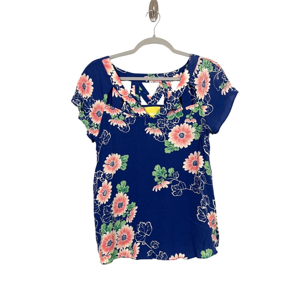 Anthropologie Maeve Blue Floral w/ Cutouts Short Sleeve Blouse Size 8 Boho